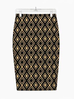 Black & Mustard Geometric Pencil Midi Skirt • NWOT • Sz S